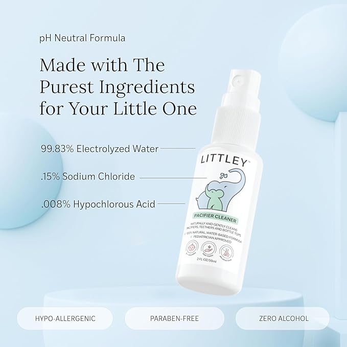 Littley Pacifier & Teether Cleaner | Alcohol‑Free HOCl Spray for Baby Pacifiers, Teethers, Bottles & High‑Touch Toys | Fragrance‑Free | Portable Travel Size | 2 oz
