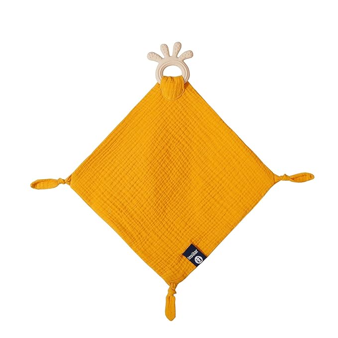 Baby Muslin Security Blanket with Food Grade Silionce Teether,Soothe Teething Toy for Boys and Girls,100% Polyester (Yellow)