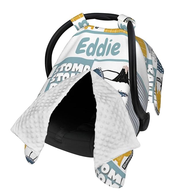 Personalized Baby Car Seat Canopy for Babies with Name, Custom Name Car Seat Covers for Boys Girls, Dinosaur Opening Minky Nursing Breastfeeding Stroller Cover Infant Carseat Canopies for Newborn