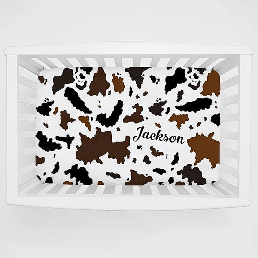 Personalized Pack and Play Sheets with Name, Custom Name Baby Mini Crib Sheets for Baby Boys Girls, Name Pack n Play, Fitted Sheet with Name, Soft and Breathable Material (Cow Print)