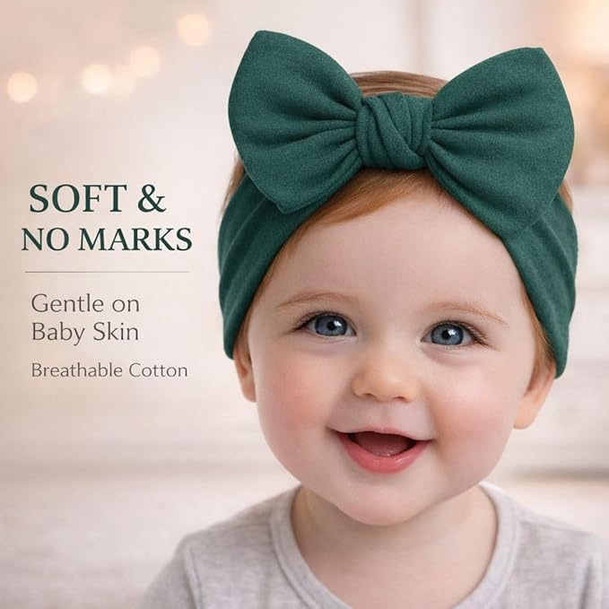 Baby Girl Headbands 0–6 Months – Newborn Infant Soft Cotton Handmade Bow Headband, Stretchy No Mark Baby Hair Accessories (Forest Green, 0-6 Month)