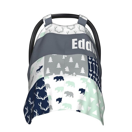 Personalized Baby Car Seat Canopy for Babies with Name, Custom Car Seat Covers for Boys Girls, Infant Opening Minky Nursing Breastfeeding Stroller Cover Carseat Canopies for Newborn (Woodland Theme)
