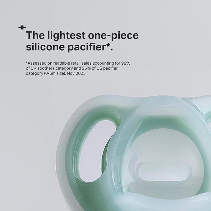 Tommee Tippee Ultra-Light Silicone Pacifier,6-18 Months,Symmetrical One-Piece Design,BPA-Free Silicone Binkies,Clear/Blue/Yellow,(Pack of 48)