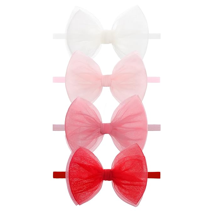 4 Pcs 4.5’’ Organza Lace Bow for Baby Girls White Headbands Pink Mesh Hair Bows Baby Shower Gifts for Newborn Infant Toddler Girl