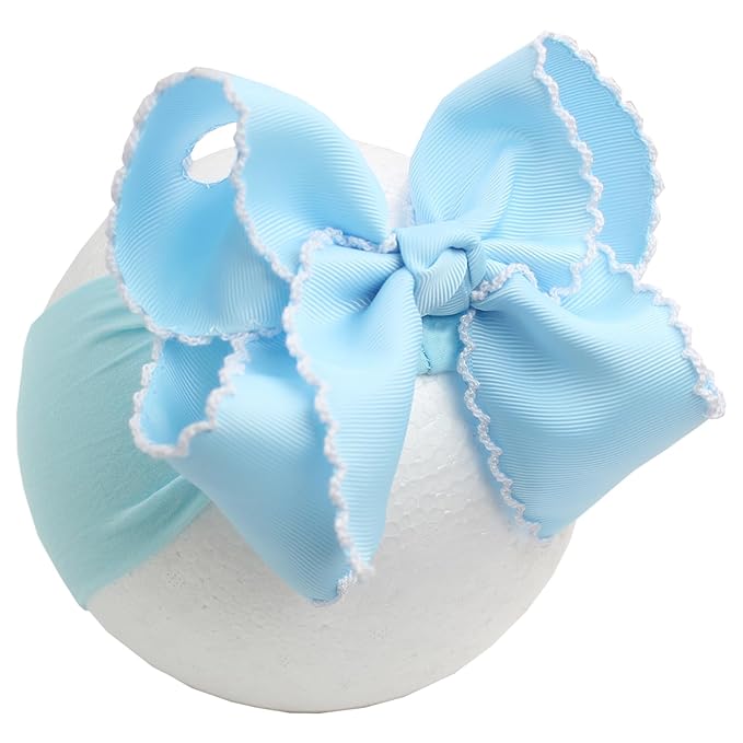6'' Jumbo Blue Baby Girls Bow Headbands, Handmade Grosgrain Moonstitch Boutique Baby Headwraps, Super Stretchy Soft Nylon Headbands for Newborns, Infants & Toddlers