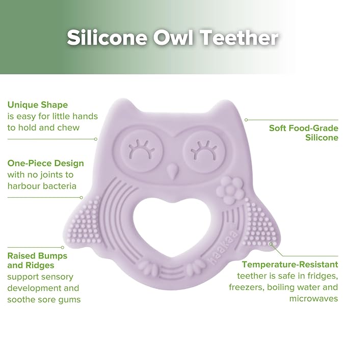 haakaa Silicone Owl Teether,Food-Grade Smiling Teething Toy for Infants, Soft Chew Toys for Babies, BPA Free, Toy for 3 Months+,Lavender
