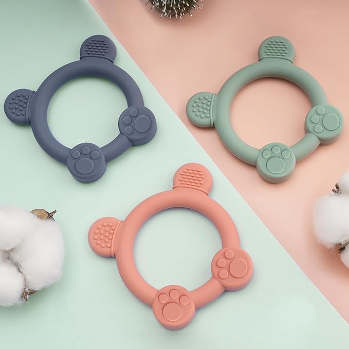 Meartchy 3 Pack Baby Teether, Bear-Shaped Silicone Teething Toys for Infants 0-24 Months, BPA-Free Chew Toys to Soothe Sore Gums (Pale Pink & Green & Blue)