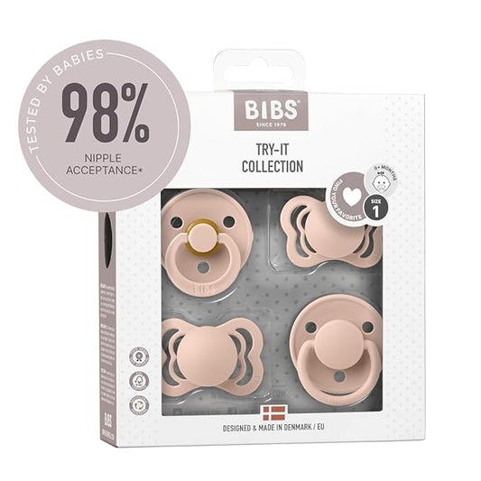 BIBS Try-It Collection | 4-Pack Soothers | BPA-Free Round, Anatomical & Symmetrical Nipple | Natural Rubber Latex/Silicone | Made in Denmark | 0-6 Months | Blush