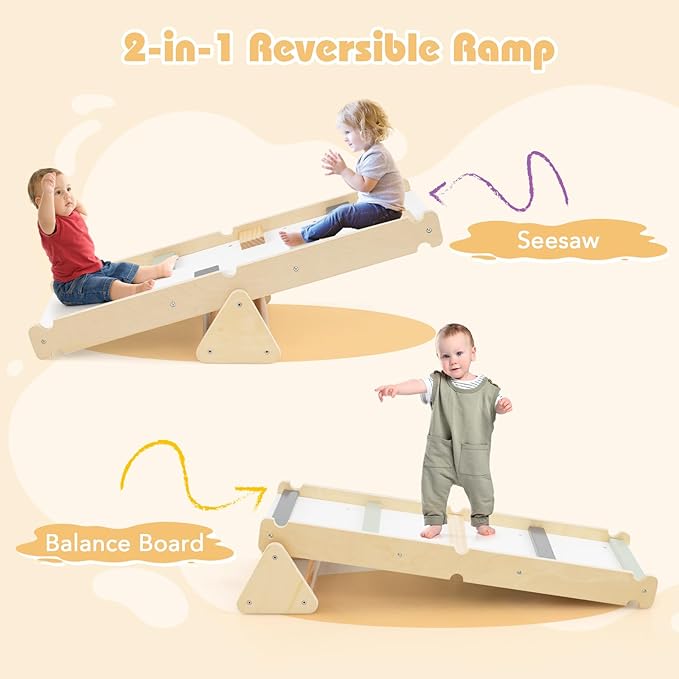 Olakids Pikler Triangle Set 7 in 1 Climbing Toys for Toddlers Foldable Baby Wood Montessori Jungle Gym with Angle Adjustable Ladder Seesaw Ramp Indoor Playground (Wood)