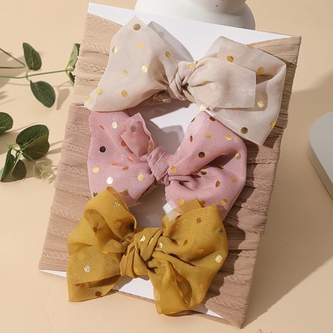 Baby Girl Top Bow Head Wrap, Stretchy Knitted Headband with Chiffon Bow 3Pcs for Newborn Infant Toddlers (ML23098)