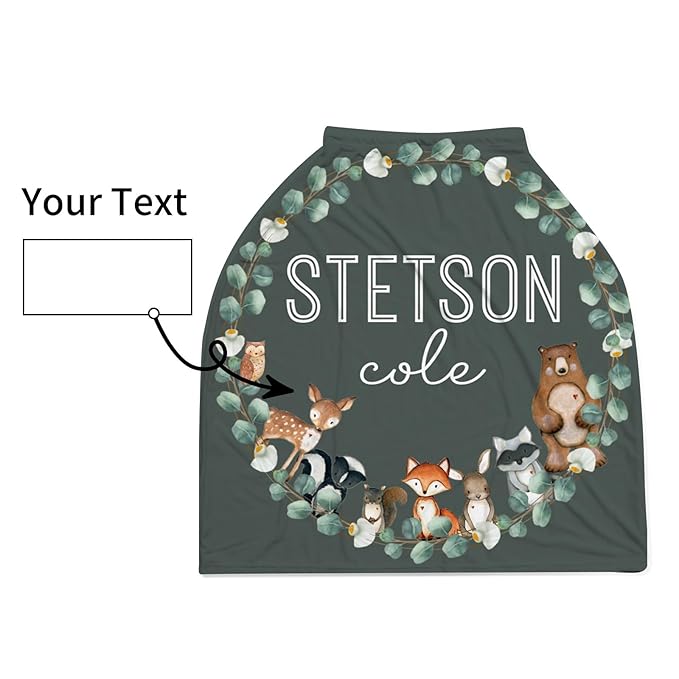 Personalized Baby Car Seat Cover Stroller Canopy: Custom Name Newborn Baby Boy Girl Elastic Woodland Animals Nursing Cover for Moms First Birthday Gift Dark Green(one Size)