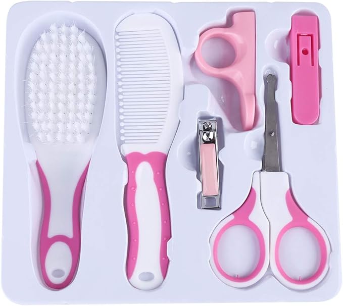 Baby Grooming Kit, Toes Fingernails Care, 6 pcs Baby Nail Kit Daily Care Set with Hair Brush, Hair Comb, Scissor, Nail Clipper, Nail Clipper Cover and Nail Scissor Handle Cover()