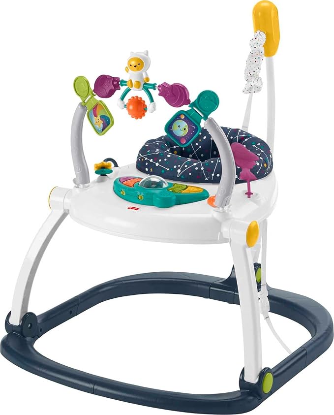 Fisher-Price Baby Bouncer SpaceSaver Jumperoo Musical Activity Center with Lights Sounds & Developmental Toys, Astro Kitty