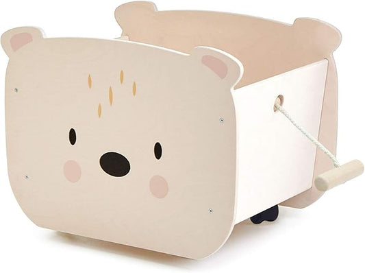 Tender Leaf Toys - Pull Along Bear Cart for Kids - Wooden Cart with Wheels for Moving Play Toys Books for Kids 3 Years+