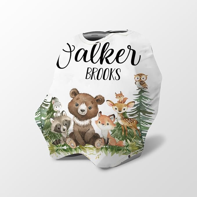 Personalized Baby Car Seat Cover Stroller Canopy: Custom Name Newborn Baby Boy Girl Elastic Woodland Animals Nursing Cover for Moms First Birthday Gift Bear Fox(one Size)