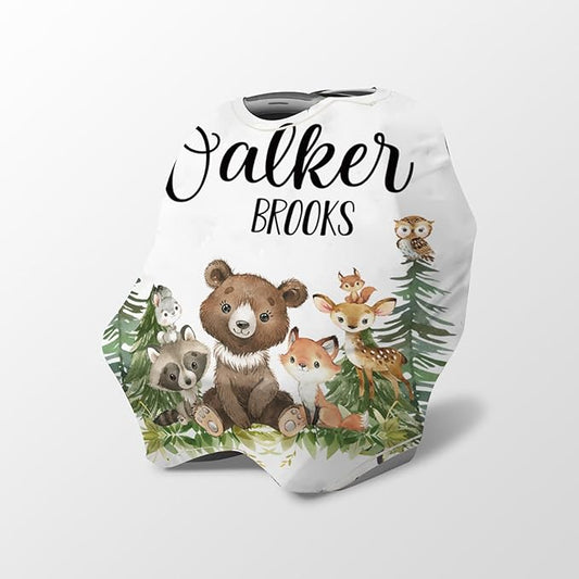 Personalized Baby Car Seat Cover Stroller Canopy: Custom Name Newborn Baby Boy Girl Elastic Woodland Animals Nursing Cover for Moms First Birthday Gift Bear Fox(one Size)