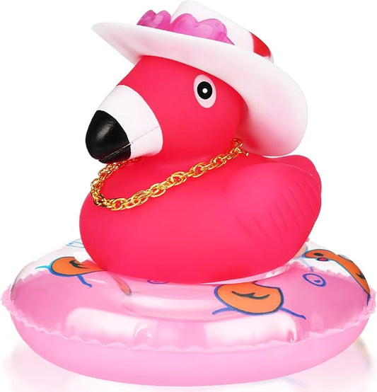 Sotiff Rubber Flamingo Pink Flamingo Rubber Ducks Squeaky Mini Ducks with Mini Hats Swim Ring Gold Chain and Sunglasses for Car Decor Summer Birthday Swimming Party Gift Favor