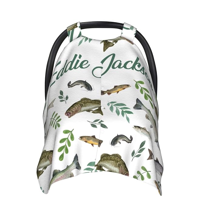 Personalized Baby Boy Car Seat Canopy for Babies, Custom Name Baby Car Seats Cover for Boys, Fishes Opening Minky Nursing Breastfeeding Covers for Infant, Carseat Canopies for Newborn