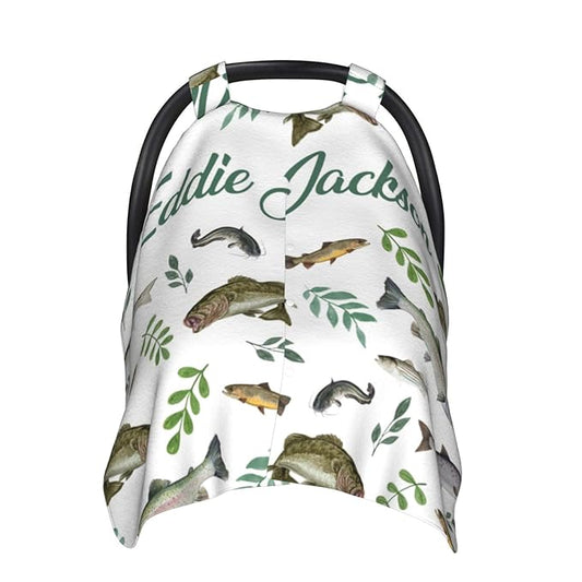 Personalized Baby Boy Car Seat Canopy for Babies, Custom Name Baby Car Seats Cover for Boys, Fishes Opening Minky Nursing Breastfeeding Covers for Infant, Carseat Canopies for Newborn