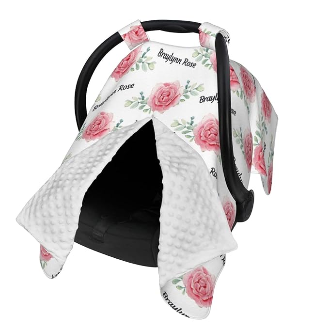 Personalized Flower Pink Rose Baby Infant Car Seats Canopy for Babies with Name, Custom Multi-use Blankets for Baby Girls, Peekaboo Minky Nursing Breastfeeding Stroller Cover Canopies for Newborn