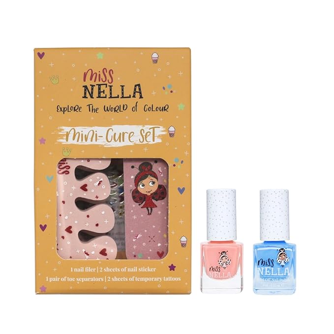 Miss Nella Summer MANICUTE- kids nail kit + 2 Miss Nella peel off polish, nail stickers, tattoos, nail filer & toe separators- all designed foe children hands & toes