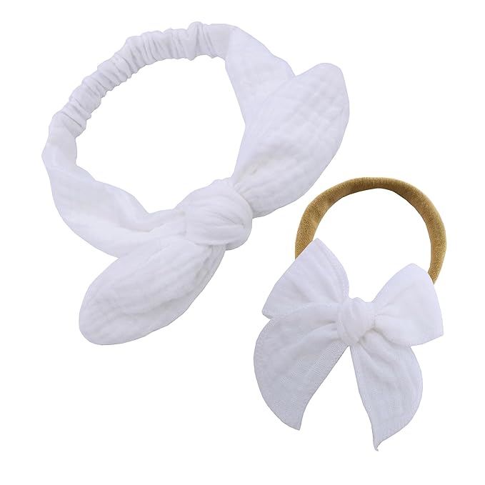 Sugarmelon Original Cotton Gauze Headband for Newborn Toddler Infant Baby Girl Kids Muslin Cotton Hair Bow Headbands Turban Elastic Hair Bands (2 pcs 029 White)