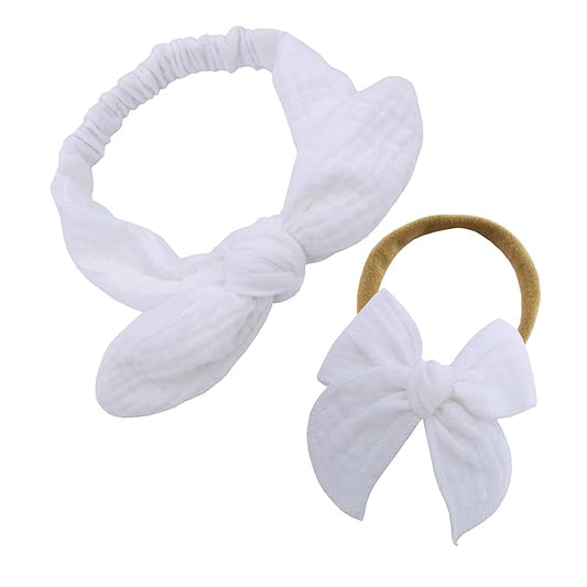 Sugarmelon Original Cotton Gauze Headband for Newborn Toddler Infant Baby Girl Kids Muslin Cotton Hair Bow Headbands Turban Elastic Hair Bands (2 pcs 029 White)