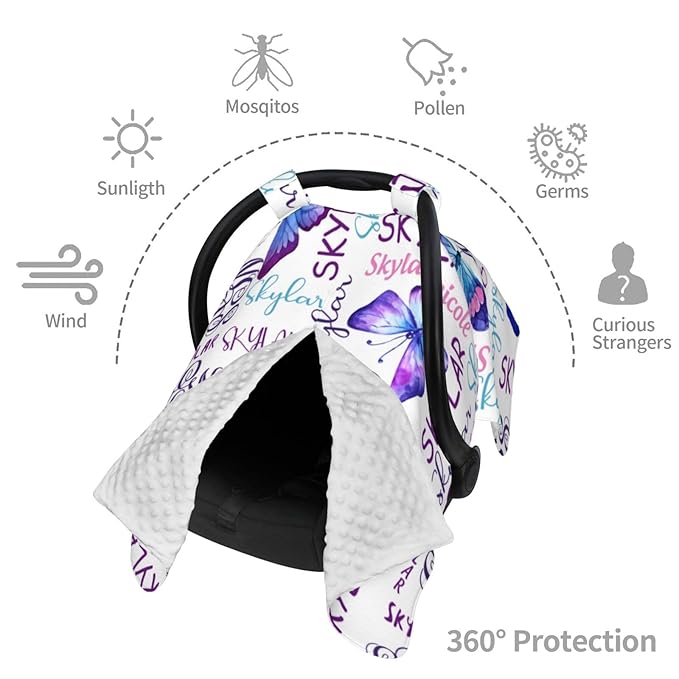 Personalized Baby Car Seat Canopy for Babies with Name, Custom Butterfly Purple Stroller Car Seat Covers for Girls, Minky Nursing Carseat Cover for Breastfeeding, Car Seat Canopies for Infant Newborn