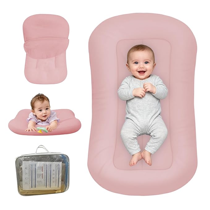 Baby Lounger for Newborn, Bionic Design Baby Lounger, Soft Organic Cotton Breathable Lounger for Infants 0-18 Months (Pink)