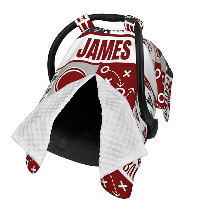 Personalized Baby Car Seat Canopy for Babies with Name, Custom Car Seat Covers for Boys Girls, Football Red Nursing Breastfeeding Stroller Cover Infant Carseat Canopies for Newborn