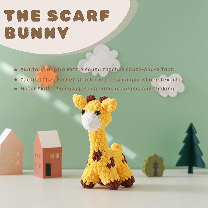 Moyii Handmade Crochet Giraffe Baby Rattle - Soft Cotton Amigurumi Sensory Shaker Toy for Newborns & Infants - Easy Grip Lovey Sleep Toy & Neutral Nursery Decor Shower Gift