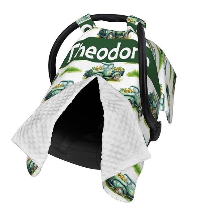 Green Truck Baby Car Seat Cover with Custom Name – Multipurpose Nursing Cover, Stroller Cover, Breastfeeding Privacy Canopy – Soft Breathable Blanket for Boys, Shower Gift