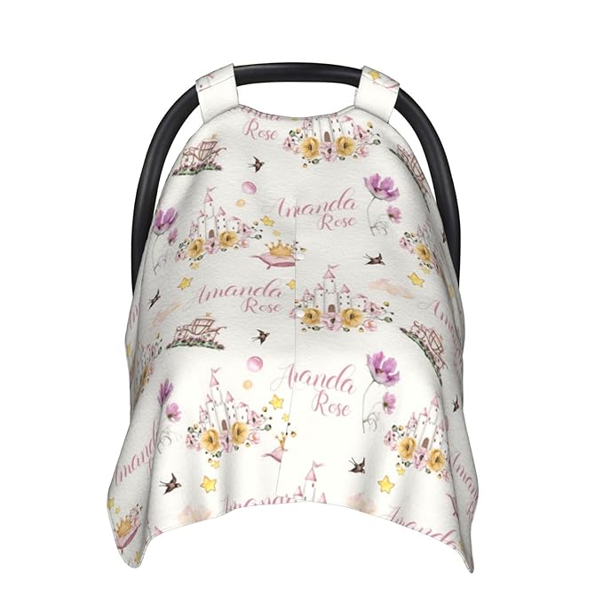 Personalized Baby Car Seat Canopy for Babies, Custom Name Baby Car Seats Covers for Girls, Opening Minky Nursing Breastfeeding Cover for Infant, Carseat Canopies for Newborn (Princess Floral)