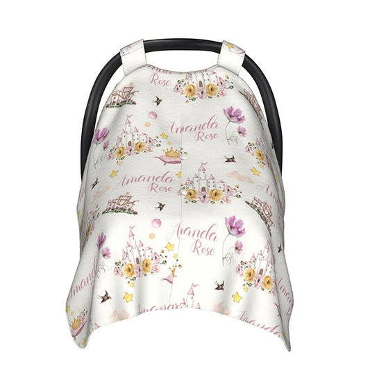 Personalized Baby Car Seat Canopy for Babies, Custom Name Baby Car Seats Covers for Girls, Opening Minky Nursing Breastfeeding Cover for Infant, Carseat Canopies for Newborn (Princess Floral)