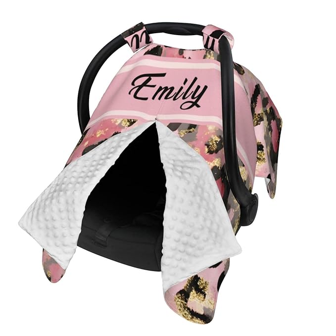 Custom Baby Car Seat Cover with Name – Personalized Leopard Print Nursing Cover, Infant Carseat Canopy, Shopping Cart Cover – Soft, Breathable & Warm – Ideal Shower Gift for Baby Girls