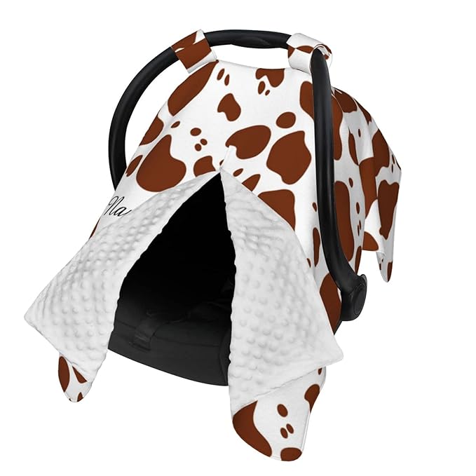 Personalized Brown Cow Print Baby Infant Car Seats Canopy for Babies with Name, Custom Multi-use Blankets for Baby Boys Girls, Peekaboo Minky Nursing Breastfeeding Stroller Cover Canopies for Newborn