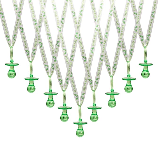 36 Pieces It's a Girl Baby Shower Pacifiers Necklace Acrylic Baby Party Favors Charm Pacifiers Necklace Grosgrain Ribbon Party Decorations Table Scatter (Green)