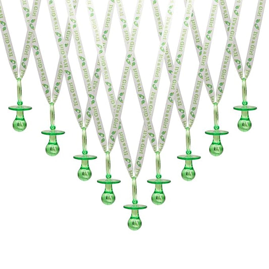 36 Pieces It's a Girl Baby Shower Pacifiers Necklace Acrylic Baby Party Favors Charm Pacifiers Necklace Grosgrain Ribbon Party Decorations Table Scatter (Green)