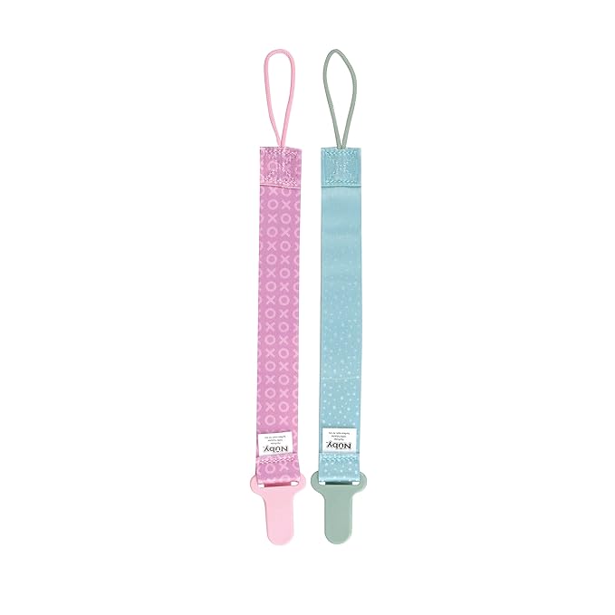 Nuby Pacifinder Baby Pacifier Clip - (2-Pack) - Pacifier Holder Clip with Convenient Hook Loop - Green Dots and Pink XOs