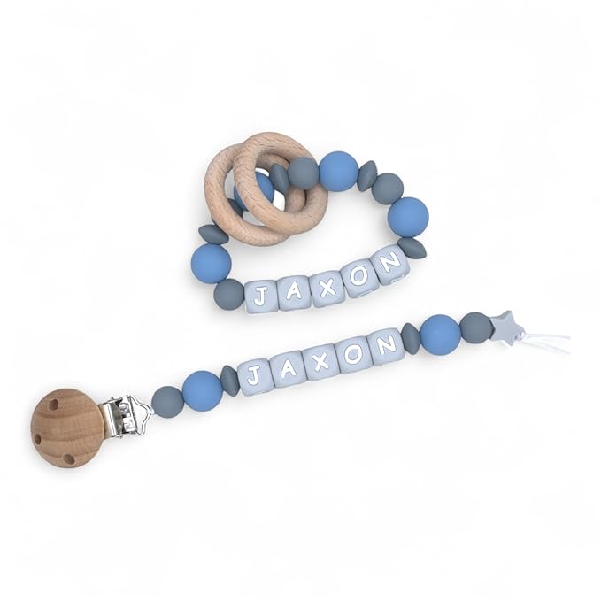 Personalized Baby Pacifier Clips, Rattle Rings & Keychains – Blue Styles | Stylish Baby Accessories, 3rd Party Tested for Safety