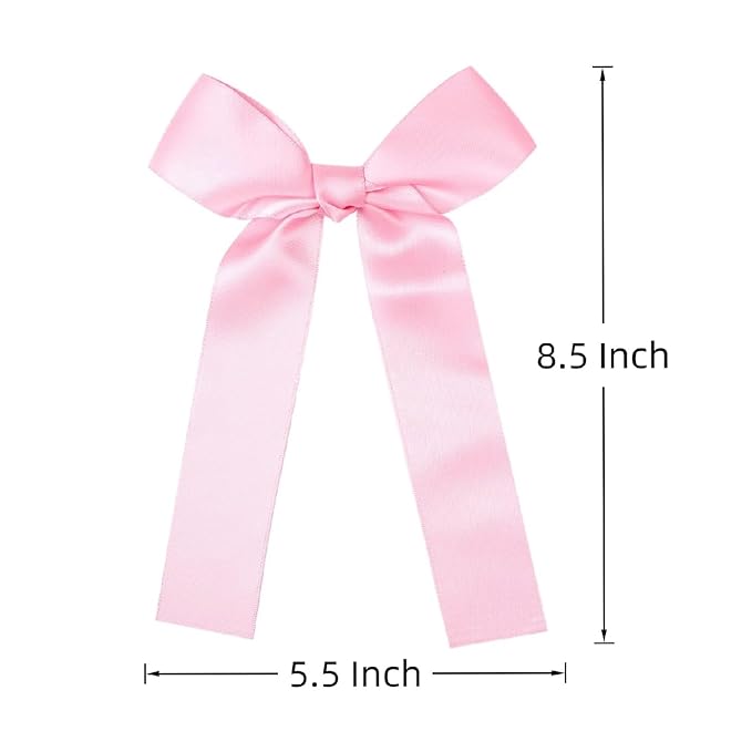 2-Pack Long Satin Ribbon Hair Bows for Girls – Elegant Silk Hair Clips for Toddlers, Infants, Teens & Kids - Pink