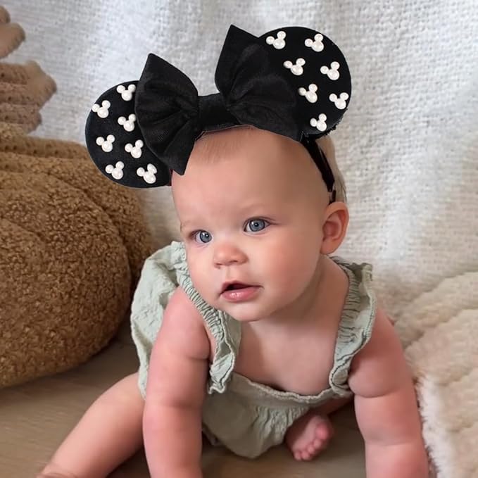 JIAHANG Adjustable Black Mouse Ear Velvet Bow Elastic Headband with Beadings, Fashion Hair Band for Baby Girls Infant Toddlers, Kids