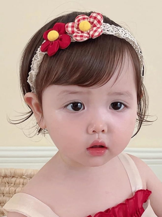 Baby Girls Hairbands Lace Flowers Headband Handmade Soft Stretchy Colorful Flower Hairband Newborn Headbands with Pearls Elastic Hairbands for Infant Head Band (Two Red Flowers)