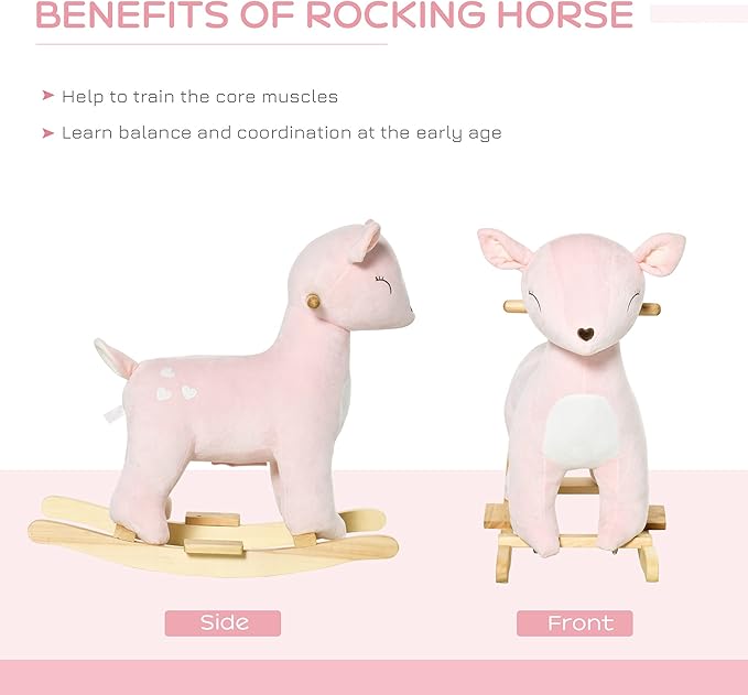Qaba Kids Plush Ride-On Rocking Horse Deer-Shaped Plush Toy Rocker with Realistic Sounds for Child 36-72 Months Pink