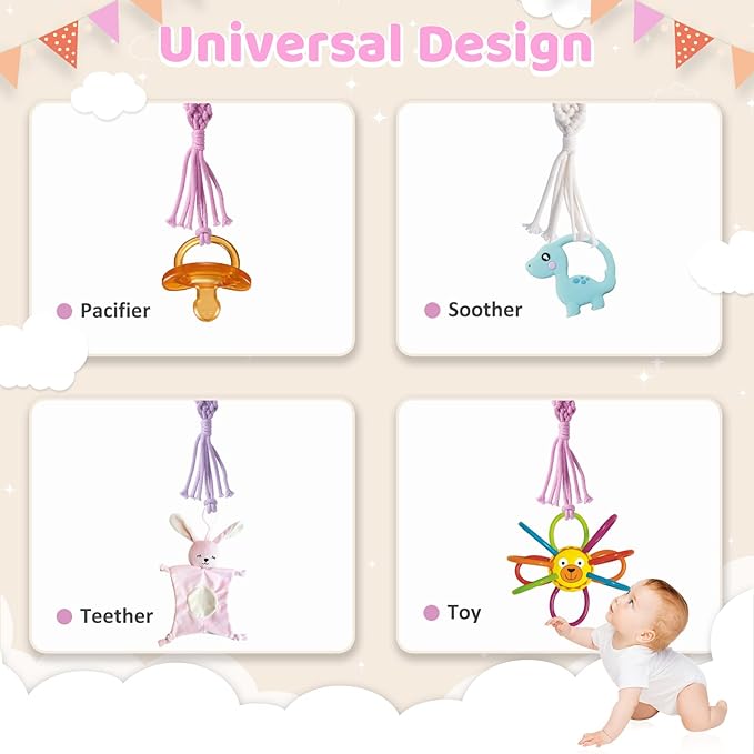 Boho Pacifier Clip for Boys Girls Pacifier Holder Leash Wooden Clips Handmade Braided Cotton Unisex Baby Shower Birthday Gift Christmas Gift