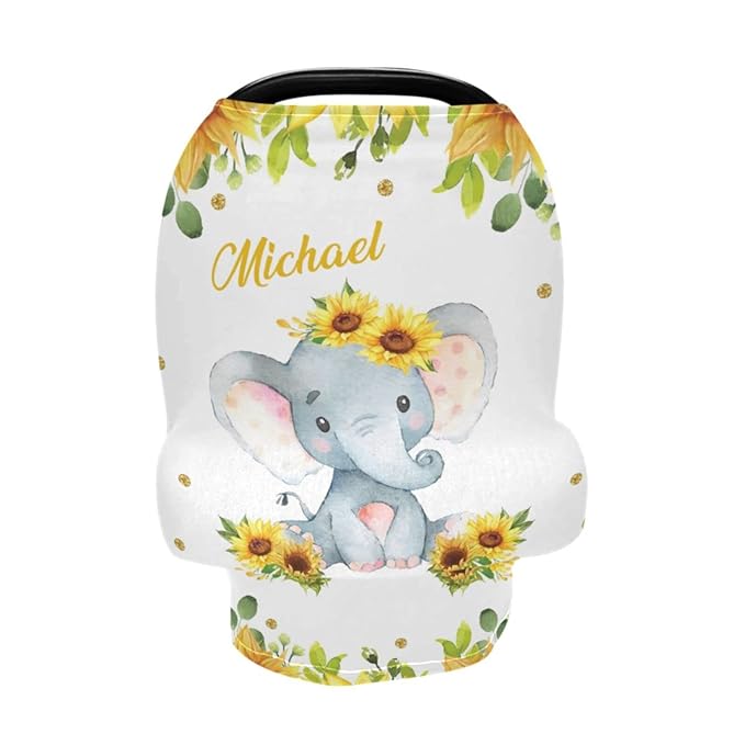 Personalized Baby Car Seat Covers with Name, Custom Nursing Cover Breastfeeding for Babies, Carseat Canopy for Girls and Boys, Infant Stroller Cover, Breathable Carseats Cover (Elephant Sunflower)
