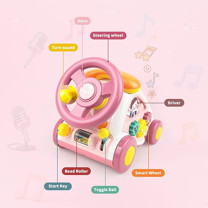 Love&Mini Baby Musical Toys for Girls - Crawling Steering Wheel Toys with Car, Telephone, Lights & Sounds - Multi-Functional Educational Gifts for 1+ Year Old Girls Birthday Xmas