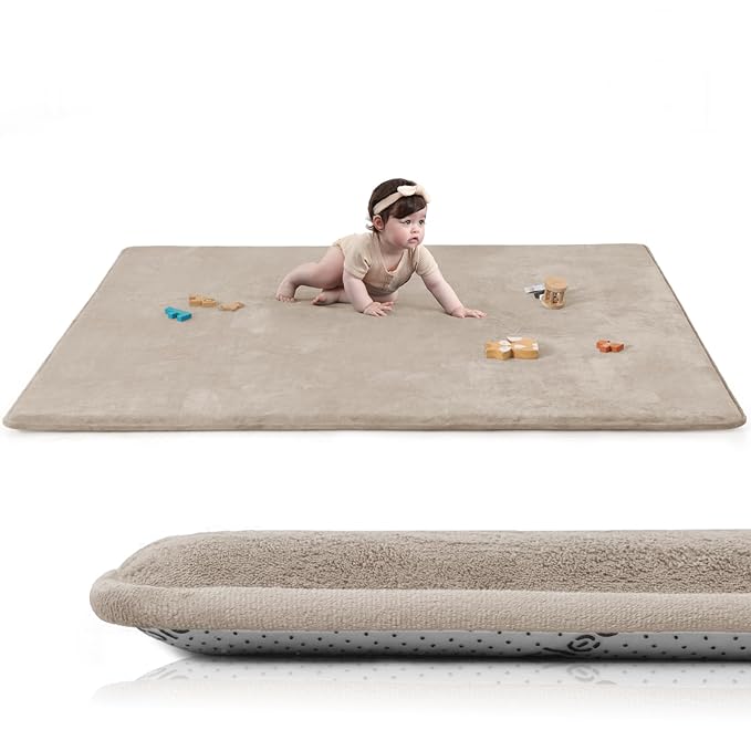 Huloo Sleep Baby Play Mat for Floor,50"×65" Playpen Mat for Toddler,Infant,Kids,1.3" Thick Elasti Foam Non-Slip Nursery Rug,Water Repellent Soft Padded Floor Mats for Tummy Time,Crawling(Beige)