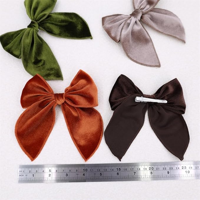Pack of 4 Large Velvet Fable Bow Hair Clips for Kids Toddler Girl Mom Velvet Hair Bow Alligator Clips Baby Girls Women Hair Accessories (Rust/Brown)