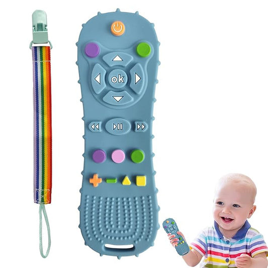 BEBECAN Teether Remote Control for Baby – Remote Toy for Infants and Toddlers 3 6 9 12 18 24 Months, Safe BPA-Free Soft Silicone Baby Chew Remote (Blue)